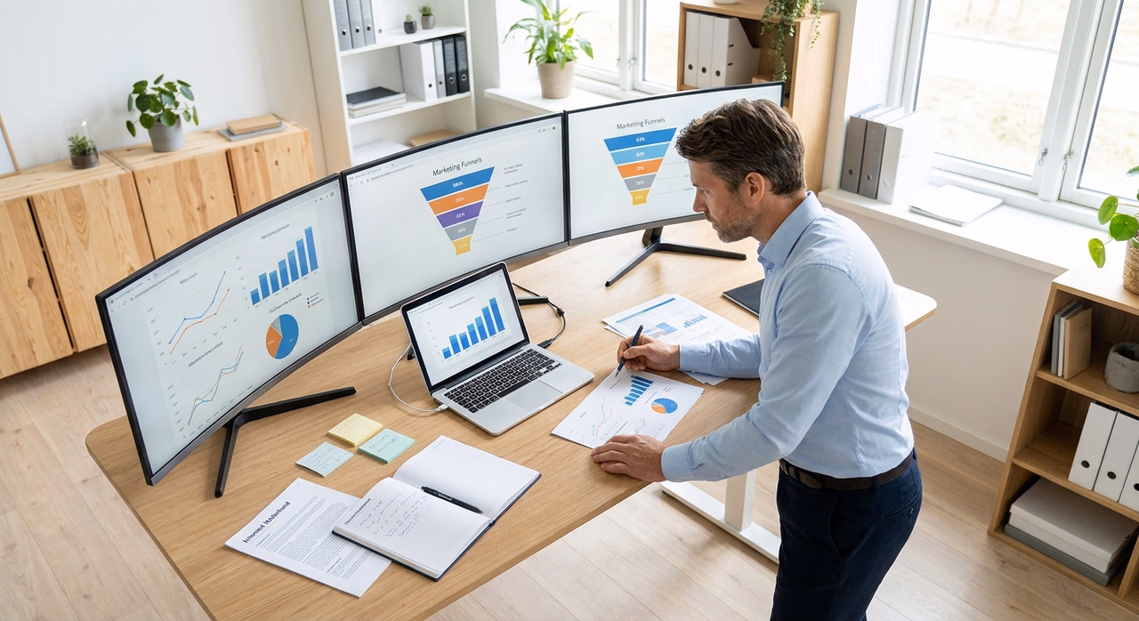 Ondernemer analyseert website conversie statistieken op meerdere schermen aan bureau