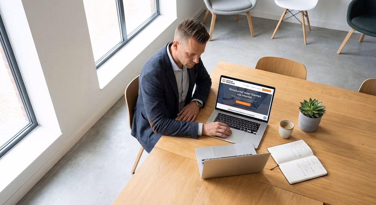 Ondernemer werkt aan website content strategie op laptop achter minimalistisch bureau Ondernemer werkt aan website content strategie op laptop achter minimalistisch bureau