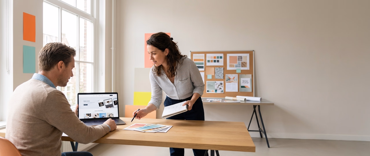 MKB-ondernemer bespreekt grafisch ontwerp uitbesteden met professionele designer in kantoor MKB-ondernemer bespreekt grafisch ontwerp uitbesteden met professionele designer in kantoor