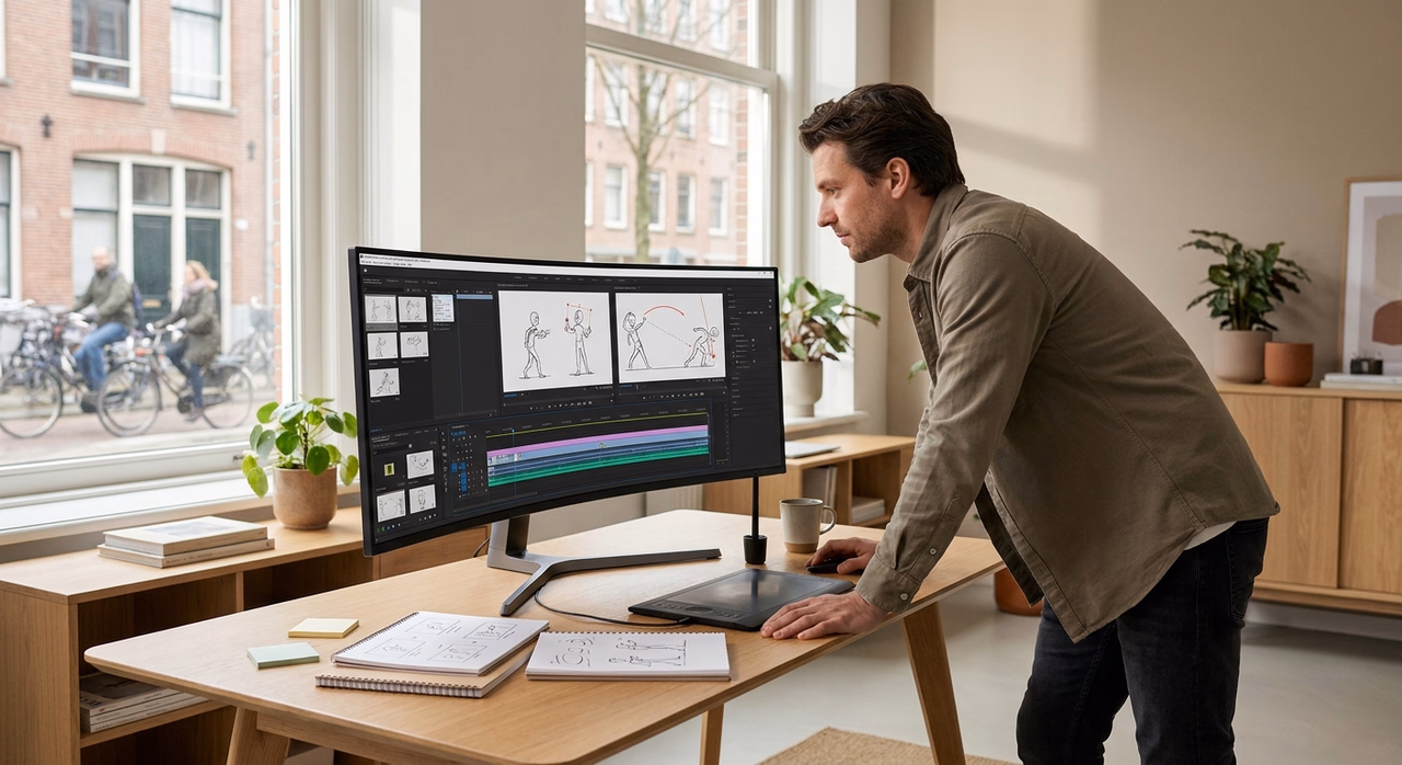 Video designer working on motion graphics and animations for professional video design project