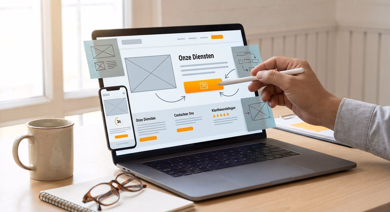 Laptop met geoptimaliseerde website lay-out en duidelijke call-to-action voor hogere conversie