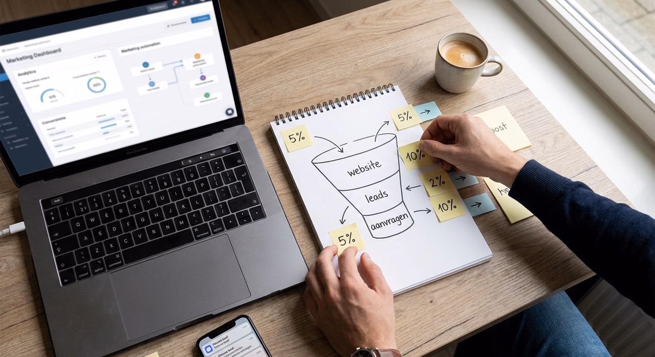 Detail van bureau met laptop en schets van digitaal groeisysteem voor online business