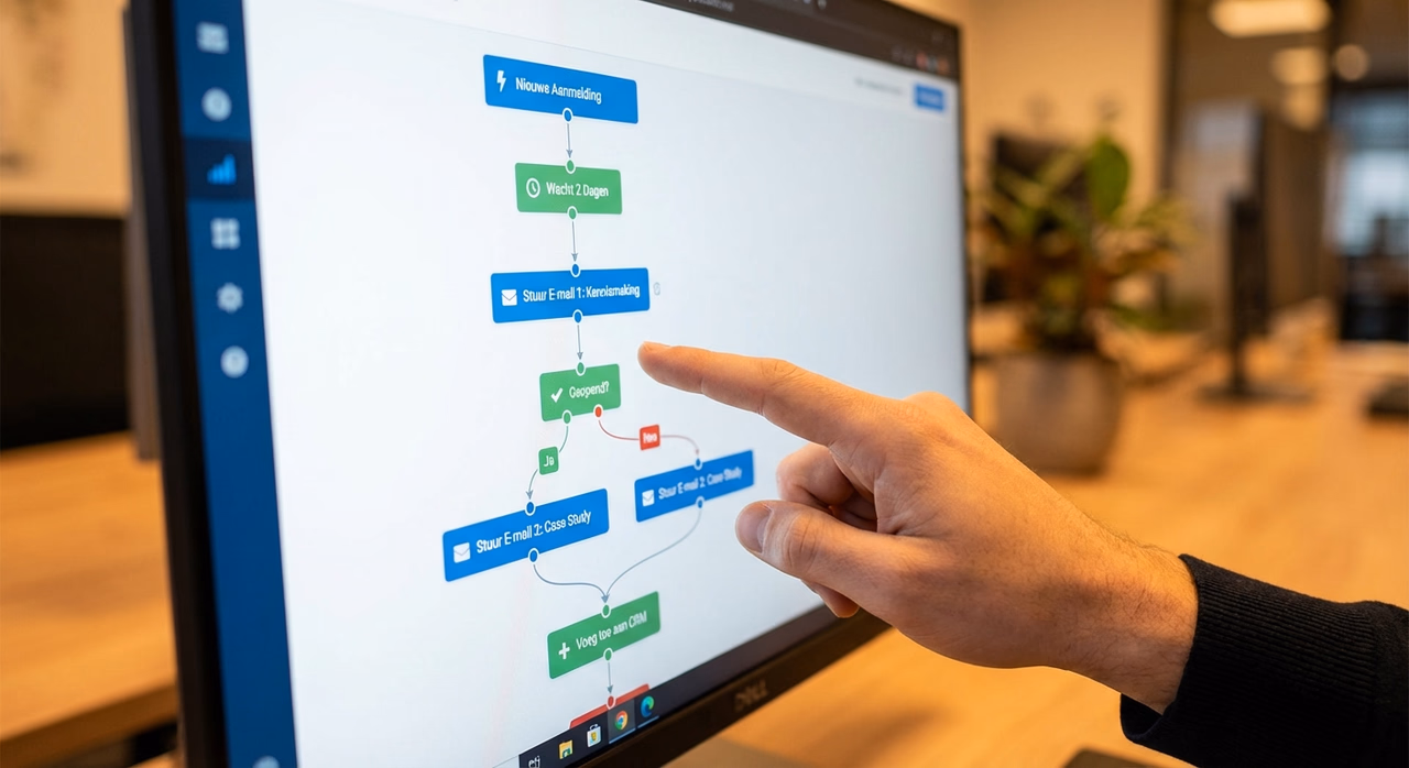 Close-up van marketing automation workflow op computerscreen met e-mailsequenties en triggers