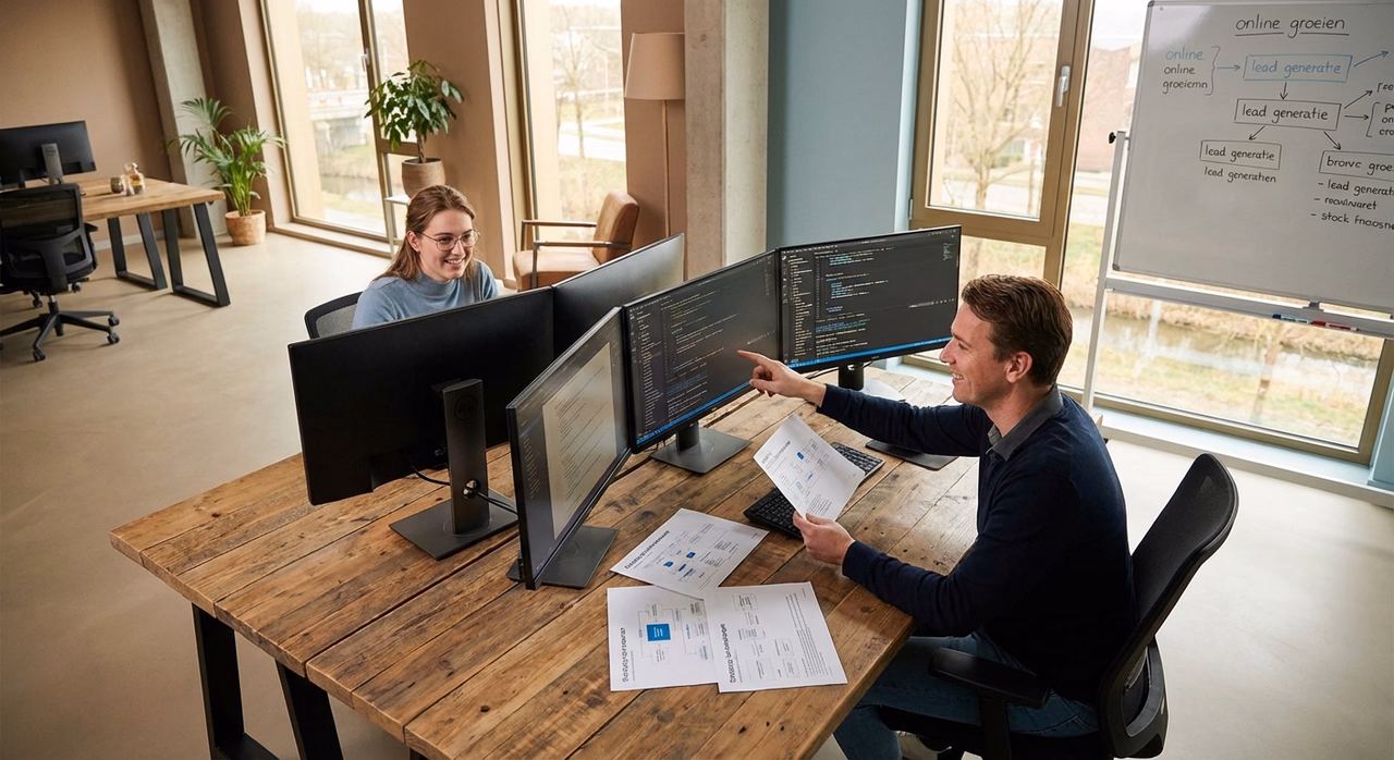 Bedrijfsleider en AI-specialist werken samen aan digitale strategie met computers en documenten