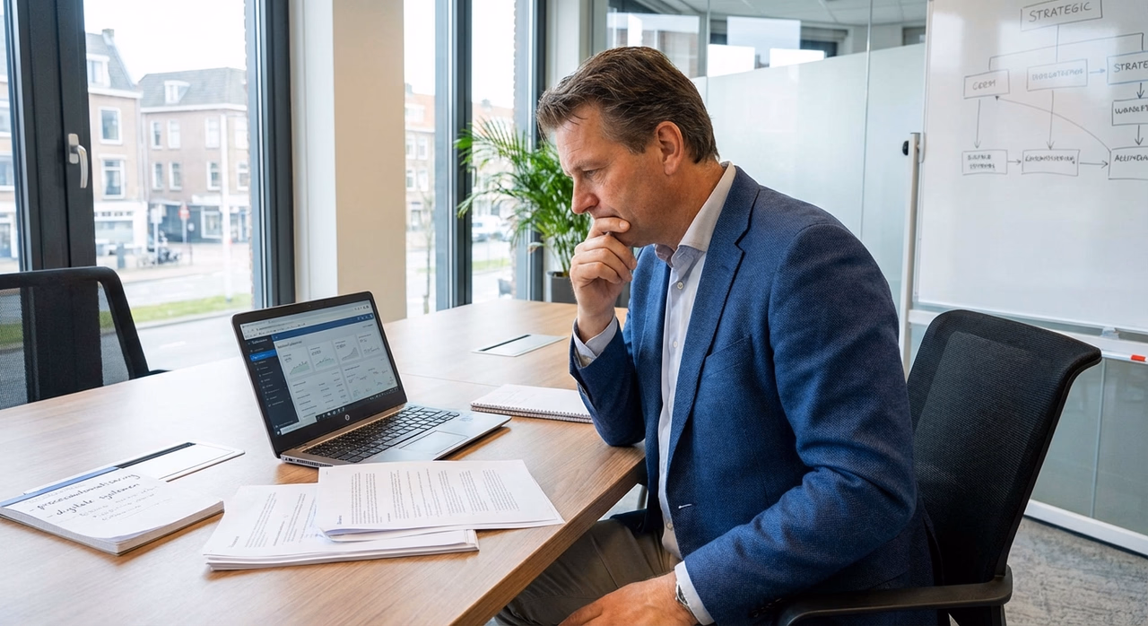 Ondernemer bestudeert automatisering opties aan bureau voor bedrijfsbeslissing