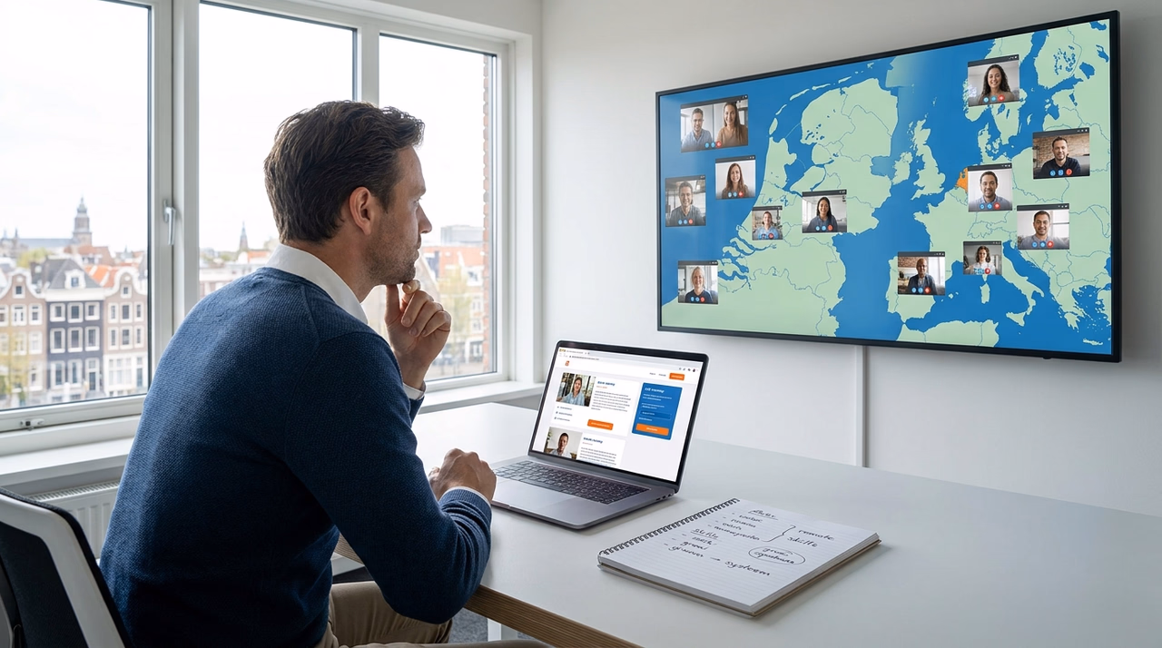 Nederlandse ondernemer bekijkt remote vacaturesysteem op laptop om online kandidaten te vinden Nederlandse ondernemer bekijkt remote vacaturesysteem op laptop om online kandidaten te vinden