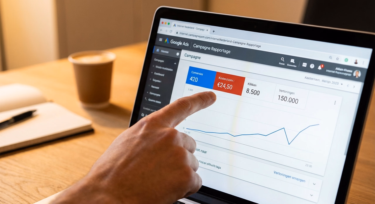 Detailshot van Google Ads analytics met focus op leadkosten en conversiegegevens Detailshot van Google Ads analytics met focus op leadkosten en conversiegegevens