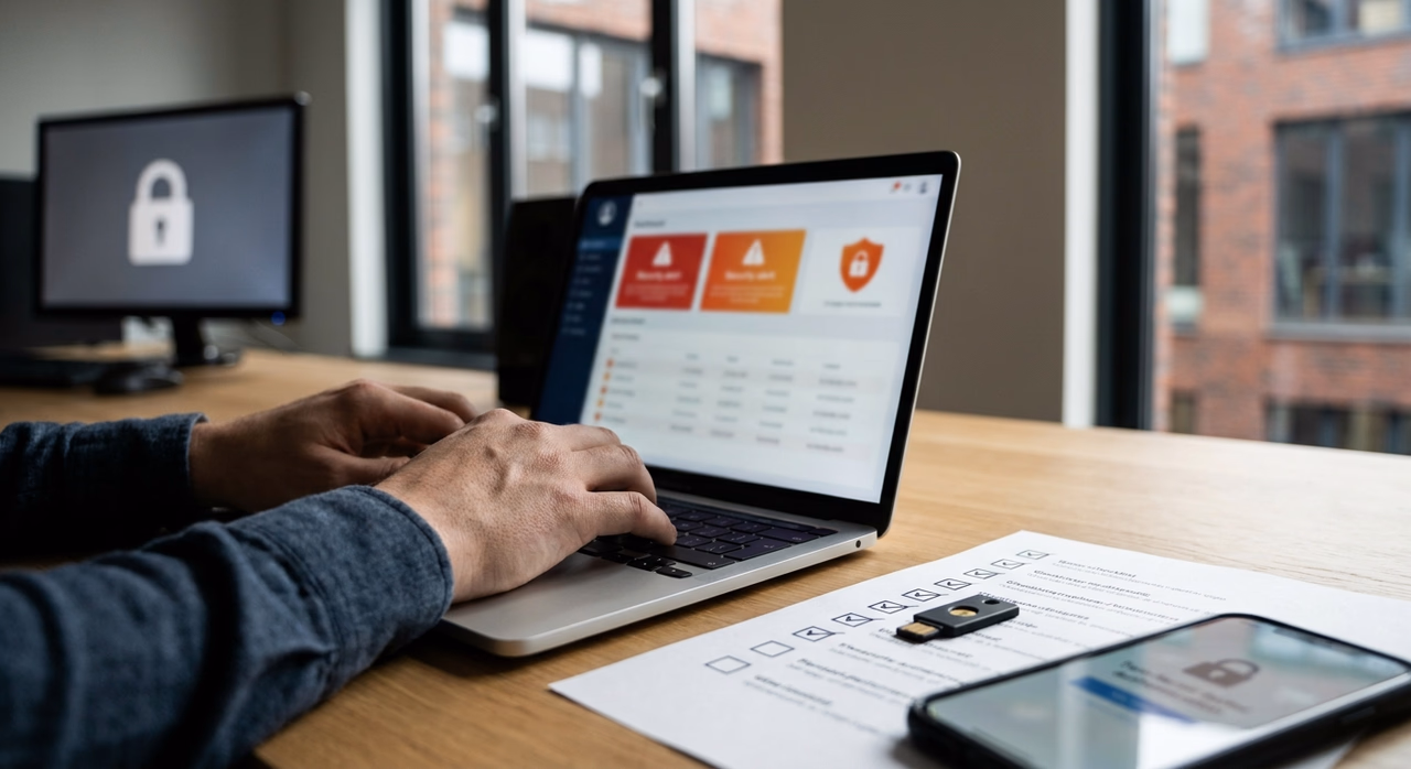 Detail van cybersecurity specialist die beveiligingsaudit doet op laptop voor MKB-bedrijf Detail van cybersecurity specialist die beveiligingsaudit doet op laptop voor MKB-bedrijf