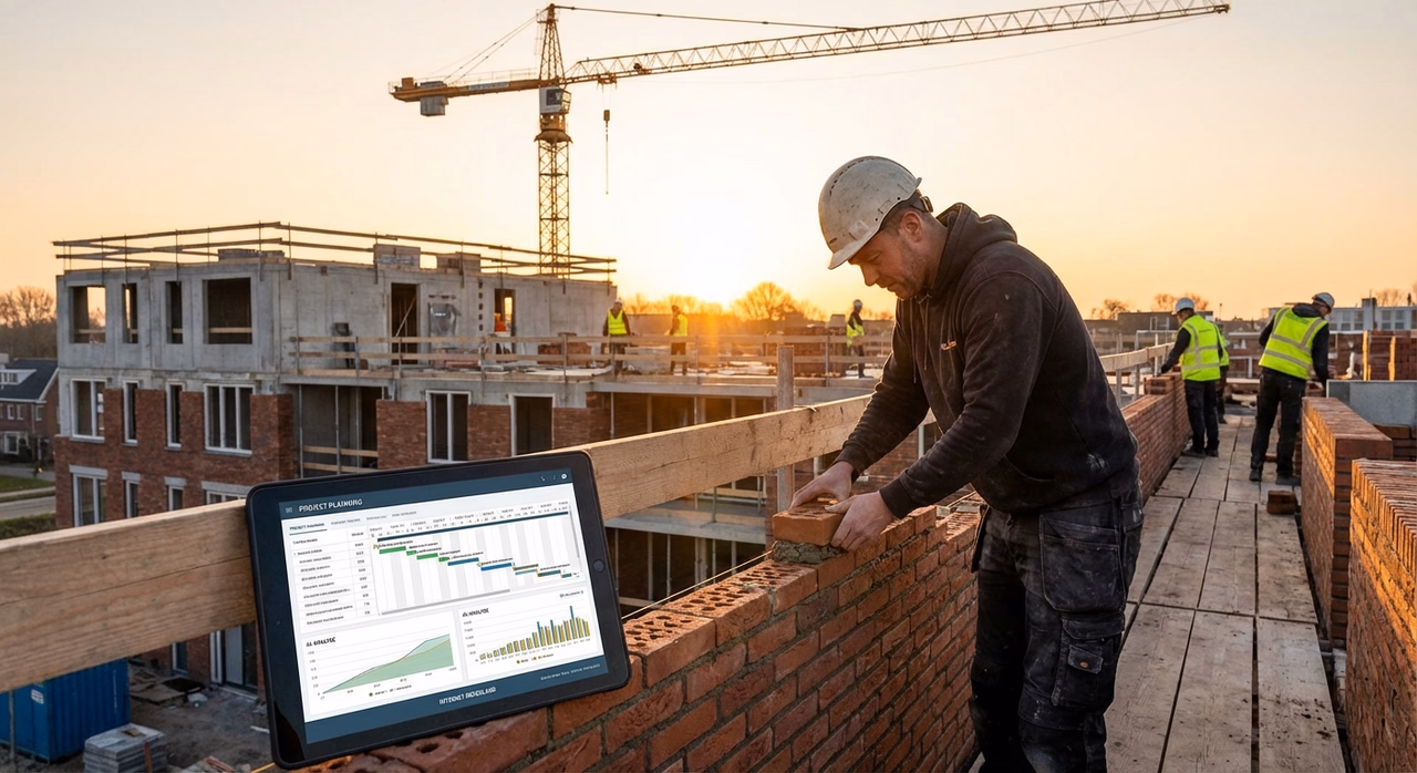 Bouwplaats met vakman aan het werk en digitale planning zichtbaar op tablet