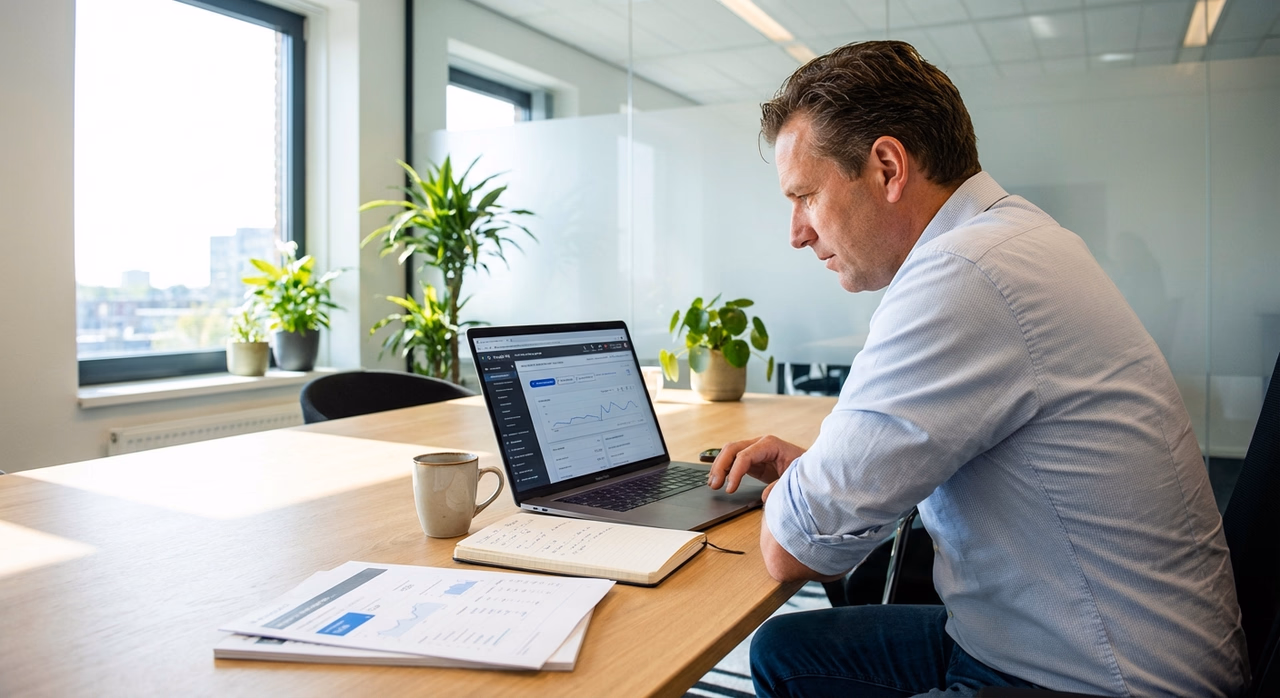 Ondernemer analyseert Google Ads dashboard op laptop - SEA uitbesteden
