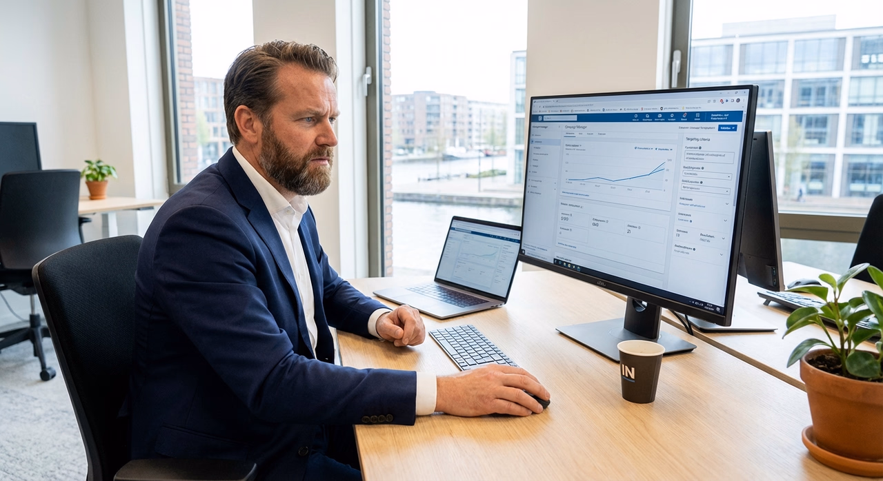 Zakelijke beslisser analyseert LinkedIn advertentiecampagne op computermonitor in modern kantoor