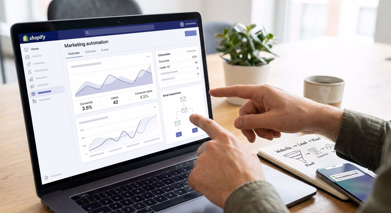 Detail van Shopify-dashboard met marketingautomatisering voor leadgeneratie bij MKB-bedrijf Detail van Shopify-dashboard met marketingautomatisering voor leadgeneratie bij MKB-bedrijf