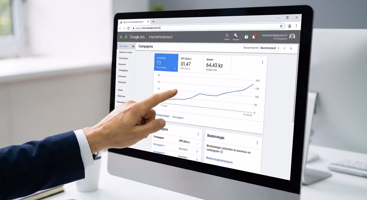 Google Ads dashboard met CPC en conversiegegevens voor SEA campagne monitoring