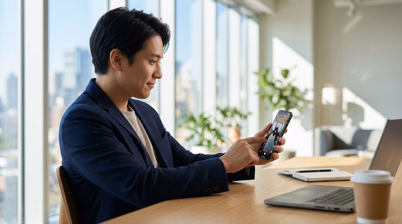 Young professional using TikTok on smartphone for social media advertising strategy