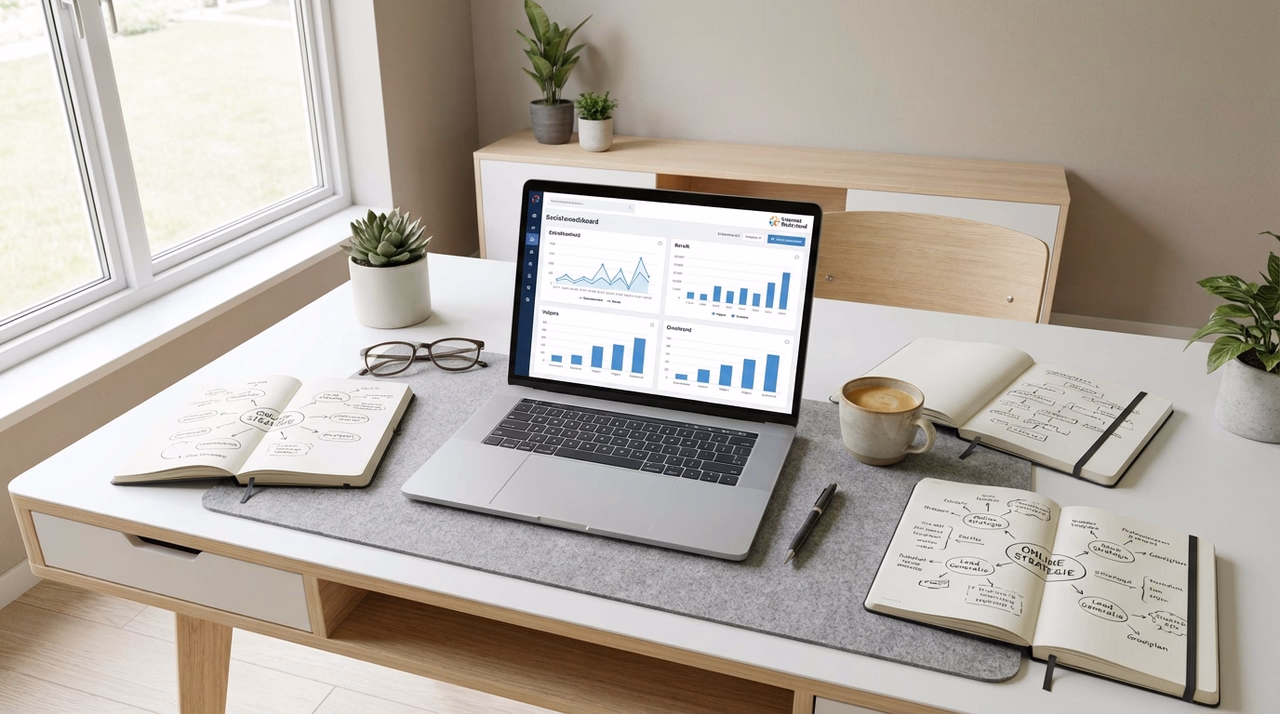 Laptop met social media strategie en analytics op een georganiseerd werkbureau