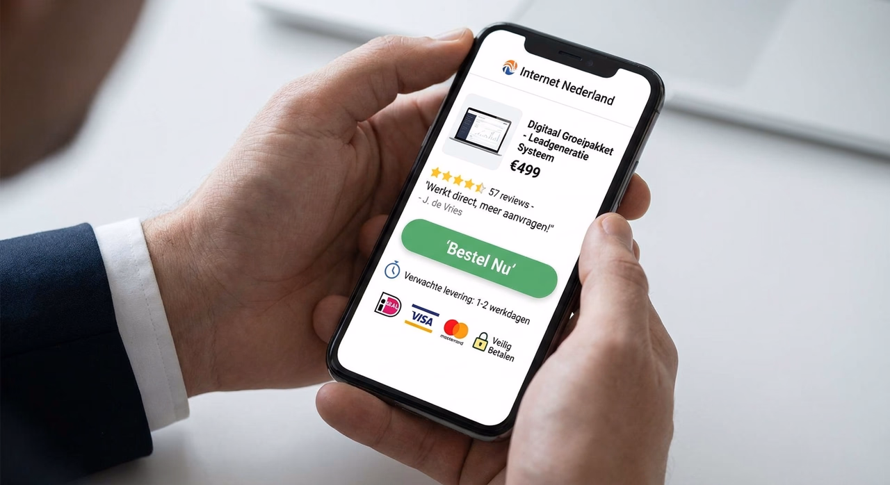 Mobile webshop checkout screen featuring clear call-to-action button, reviews, and shipping information