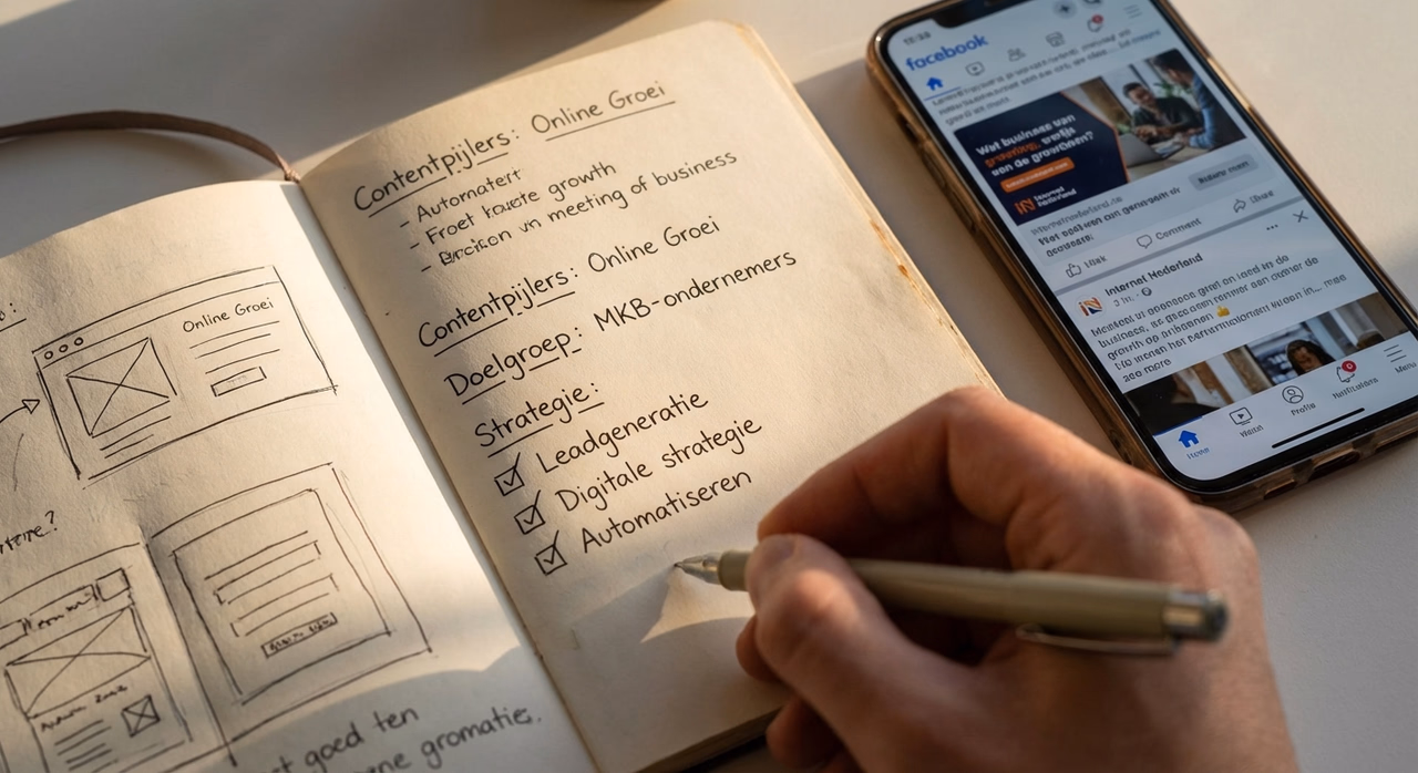 Hand schrijft social media strategie notities naast smartphone met social feed