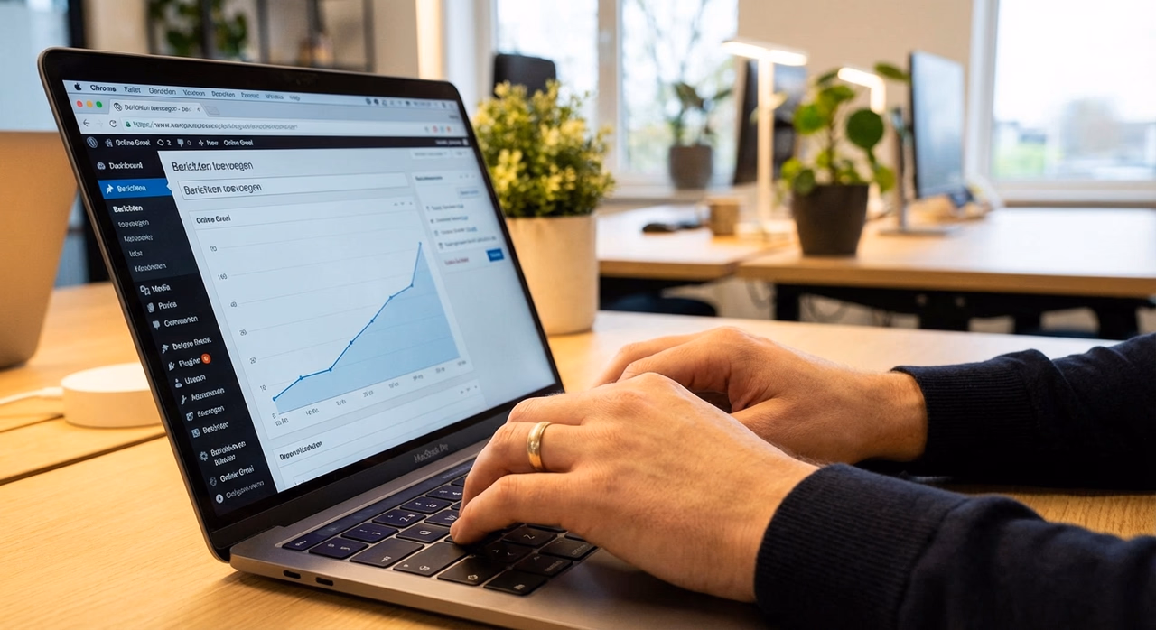 Hands typing on laptop keyboard met WordPress of website builder interface zichtbaar