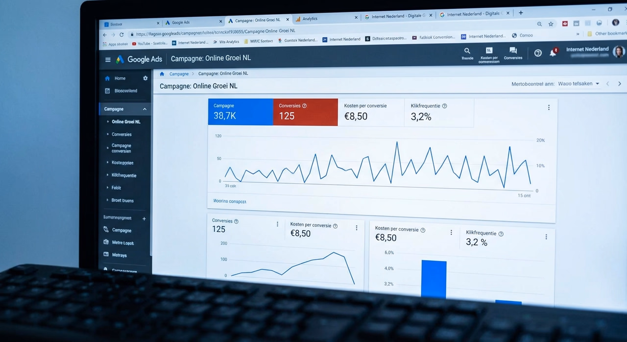 Google Ads dashboard met campagnegegevens en conversiestatistieken Google Ads dashboard met campagnegegevens en conversiestatistieken