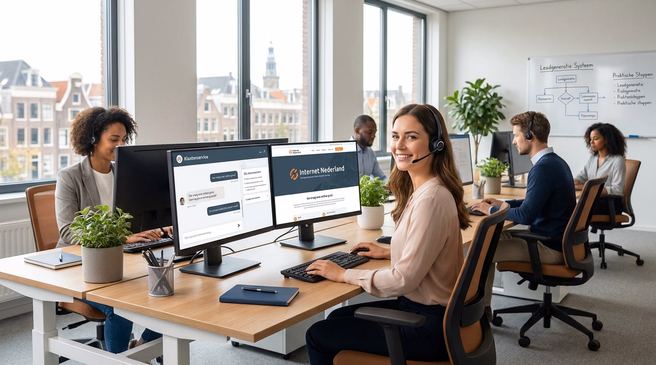 Professionele klantenservice medewerker helpt klanten via webshop via headset en computer
