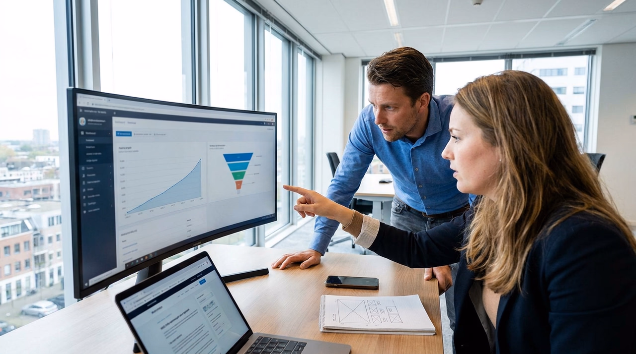 MKB-ondernemer bekijkt website conversie optimalisatie cijfers op groot scherm