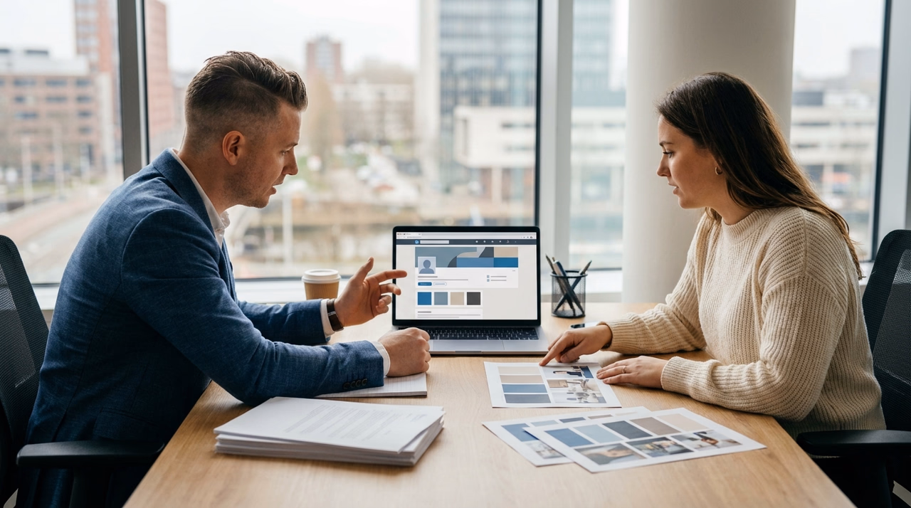 MKB-ondernemer en adviseur werken aan professionele LinkedIn branding in modern kantoor