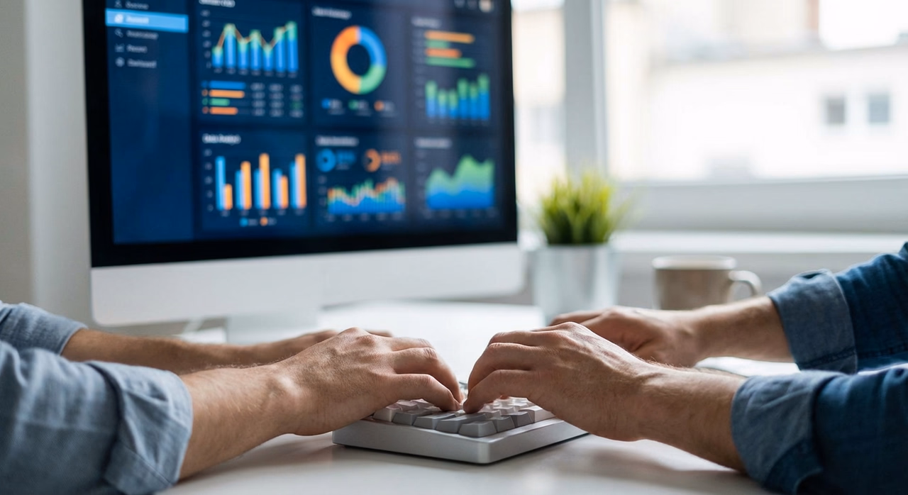 Close-up van handen werkend met AI-dashboard en bedrijfsgegevens op scherm