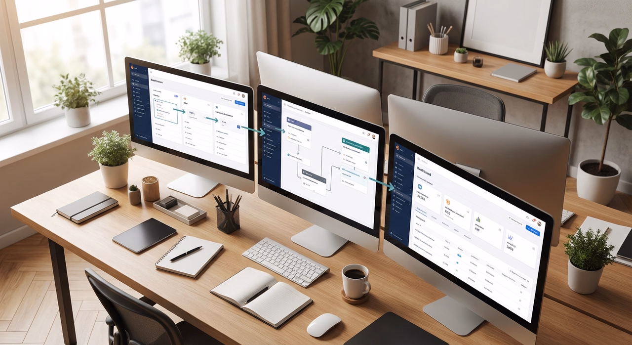 Modern office workspace with multiple monitors showing automated workflow systems and data integration between business applications