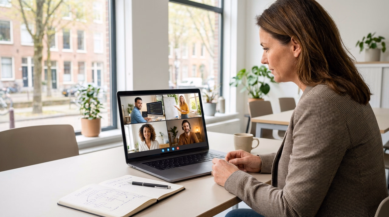 Nederlandse ondernemer vergadert via video met een remote team van online specialisten Nederlandse ondernemer vergadert via video met een remote team van online specialisten