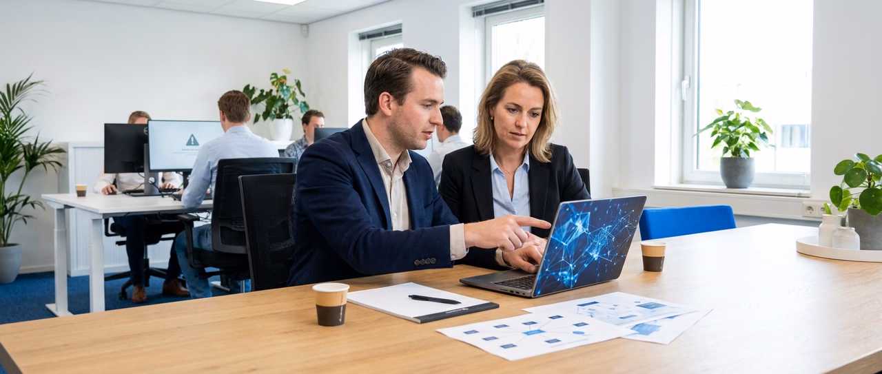 Cybersecurity specialist adviseert MKB-ondernemer over digitale beveiliging in kantoor Cybersecurity specialist adviseert MKB-ondernemer over digitale beveiliging in kantoor