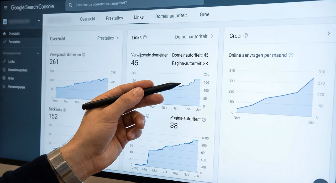 Gedetailleerde weergave van SEO linkprofiel data in analytics dashboard Gedetailleerde weergave van SEO linkprofiel data in analytics dashboard
