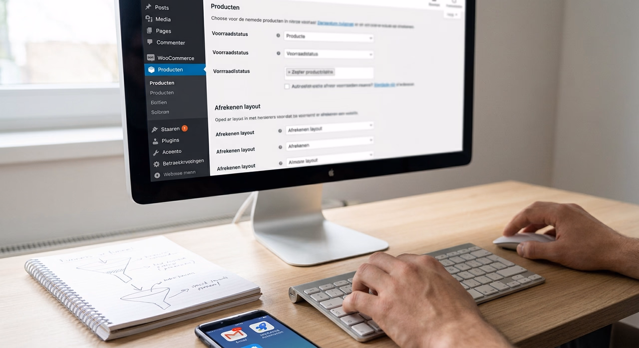 Detail van WooCommerce beheer scherm met ondernemer die webshop instelt Detail van WooCommerce beheer scherm met ondernemer die webshop instelt