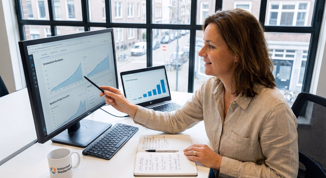 Ondernemer analyseert backlink rapportages en website groei op computer Ondernemer analyseert backlink rapportages en website groei op computer