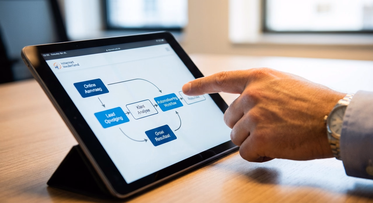 Workflow diagram op tablet, AI procesoptimalisatie bedrijf selecteren