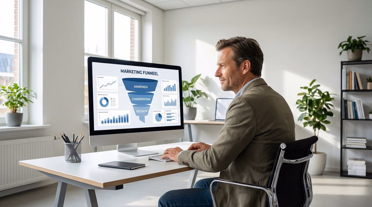 Dutch entrepreneur reviewing marketing funnel stages on computer screen in modern office