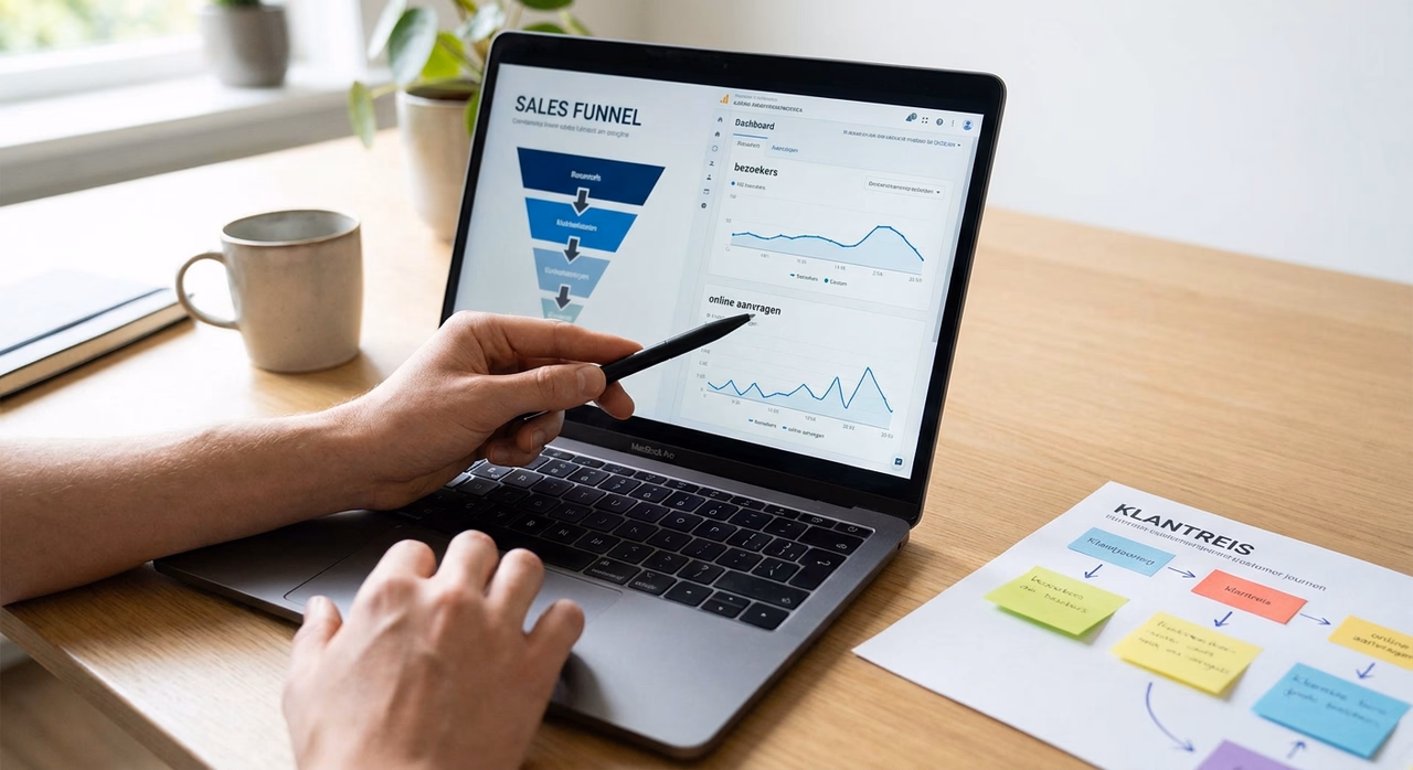 Detail van laptop met online marketing funnel en analytics voor lead generatie systeem Detail van laptop met online marketing funnel en analytics voor lead generatie systeem
