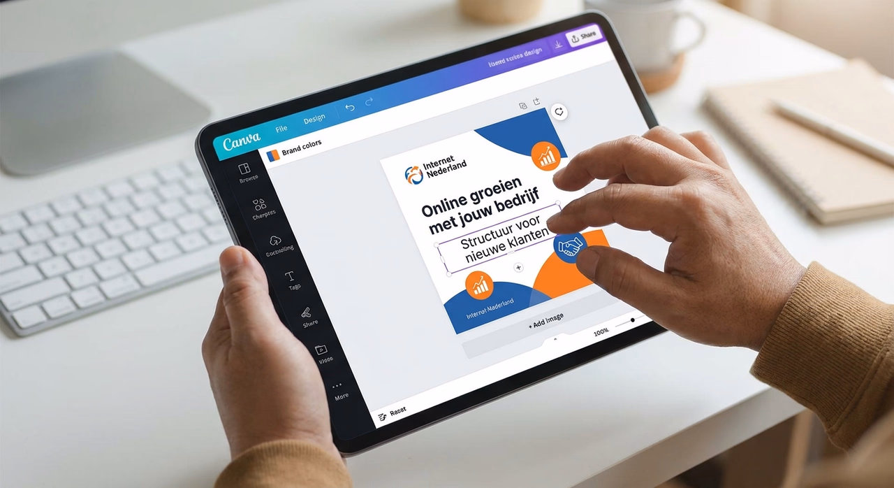 Close-up van handen die een Canva-sjabloon bewerken op tablet met drag-and-drop interface Close-up van handen die een Canva-sjabloon bewerken op tablet met drag-and-drop interface