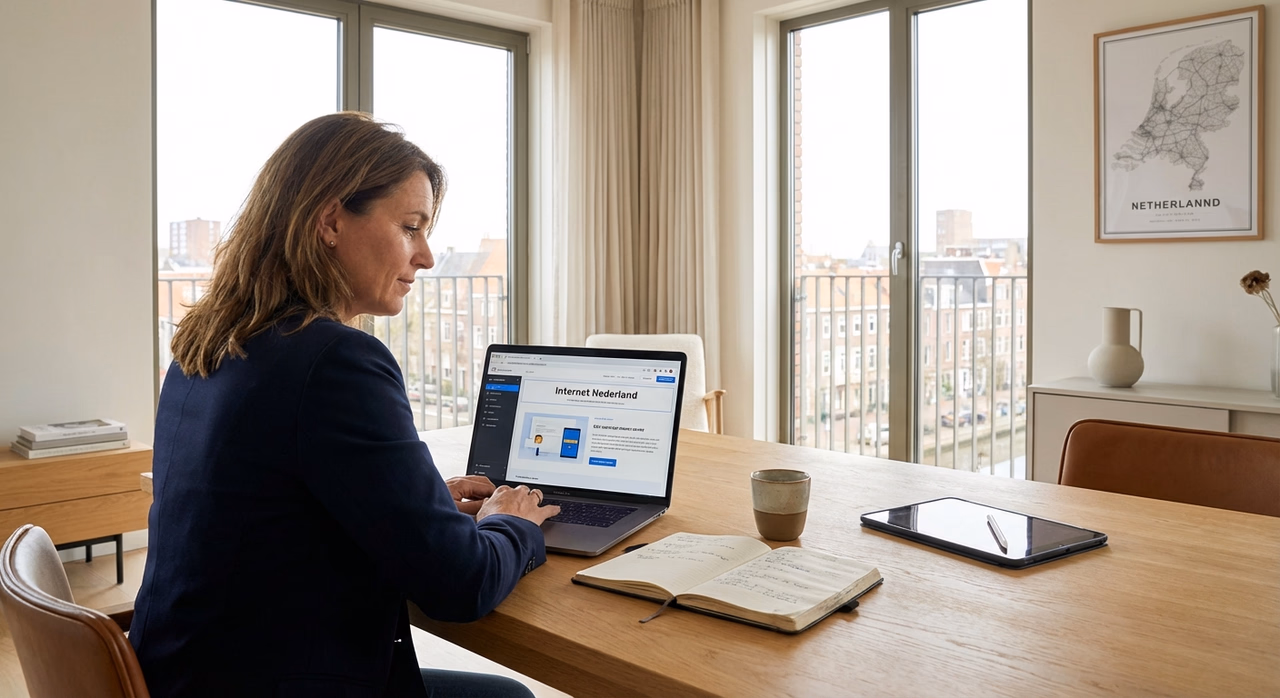 Ondernemer aan bureau met laptop kiest tussen website builder en professioneel bureau