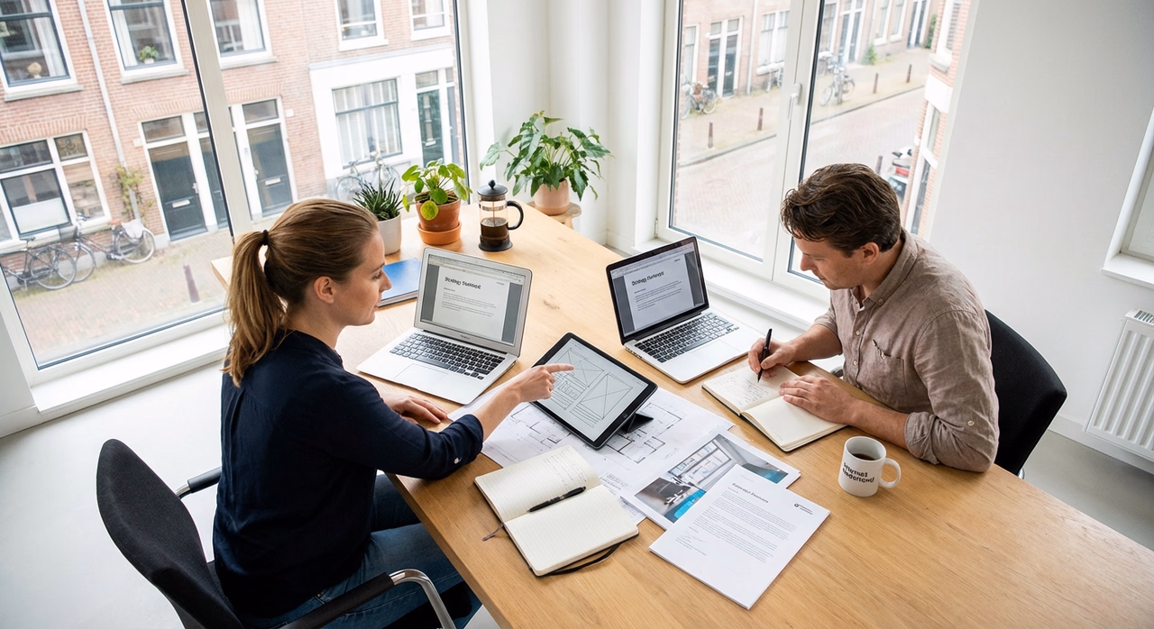 Ondernemers plannen website strategie met wireframes en notities op bureau