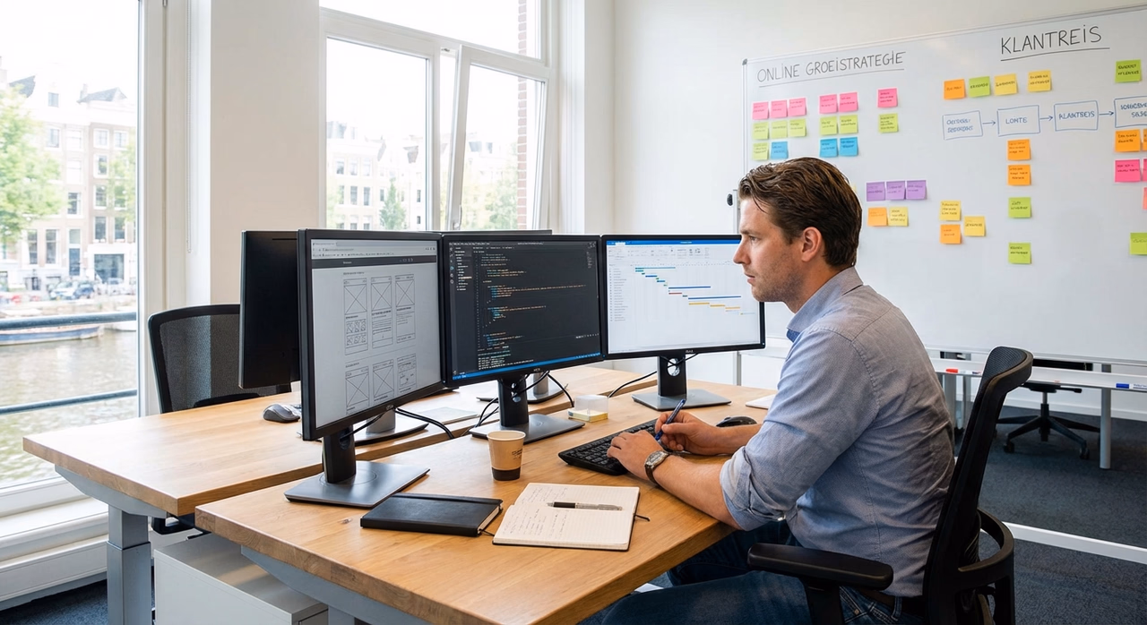 Web developer planning website strategy with wireframes and design mockups on multiple monitors