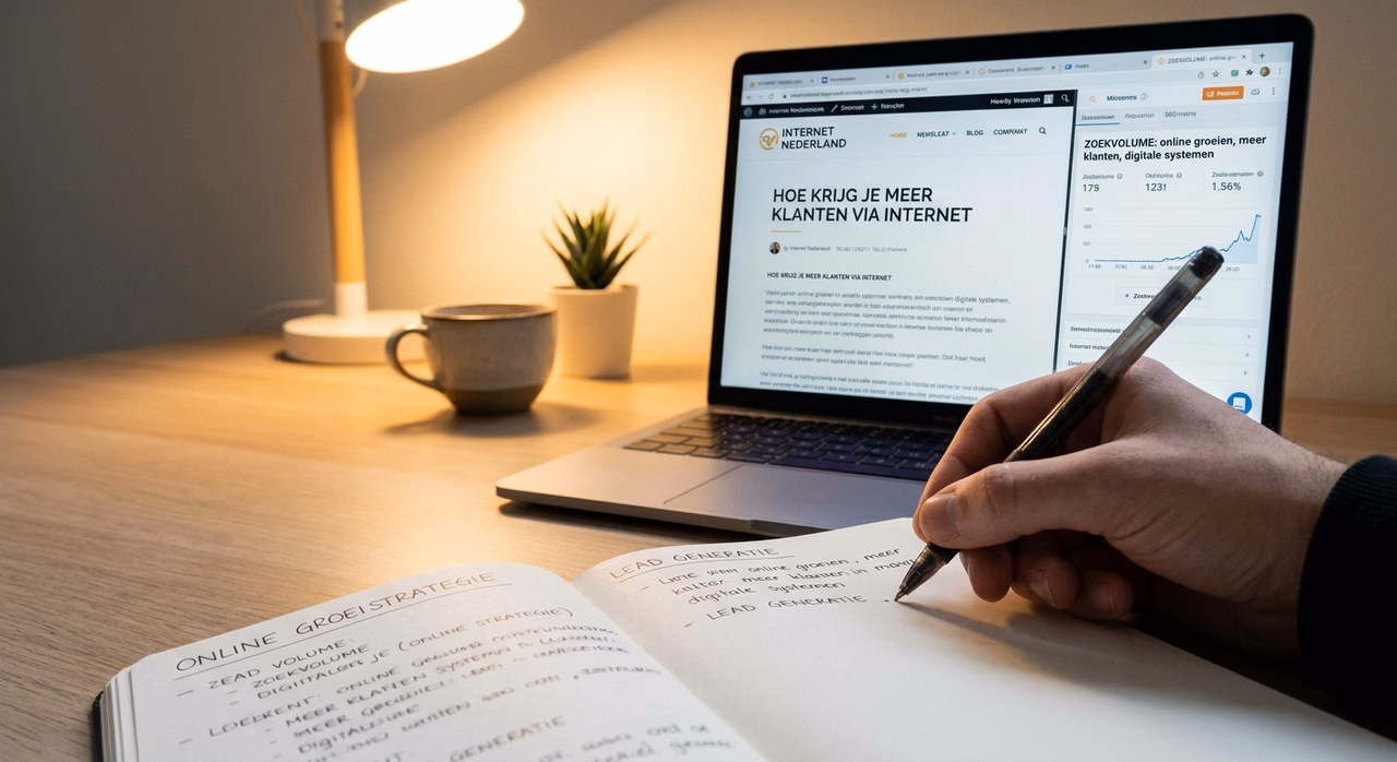Hand schrijft strategie op terwijl blog op laptop zichtbaar is Hand schrijft strategie op terwijl blog op laptop zichtbaar is