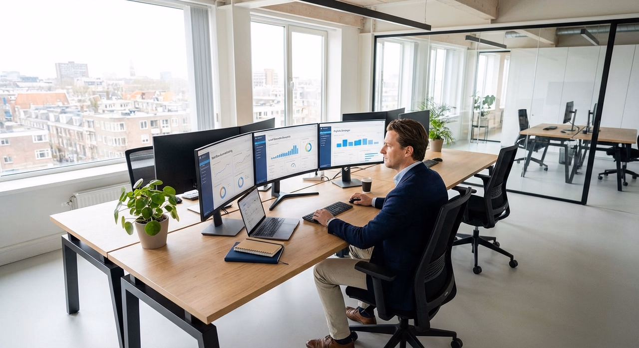 Zakenman analyseert AI-automatisering workflows op meerdere computerbeeldschermen op kantoor