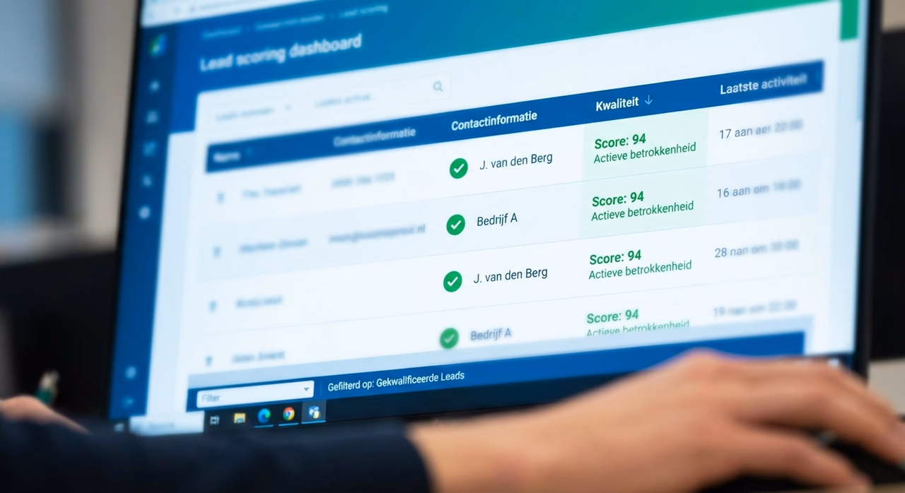 Detail van AI-systeem met gekwalificeerde leads en kwaliteitsindicatoren op scherm