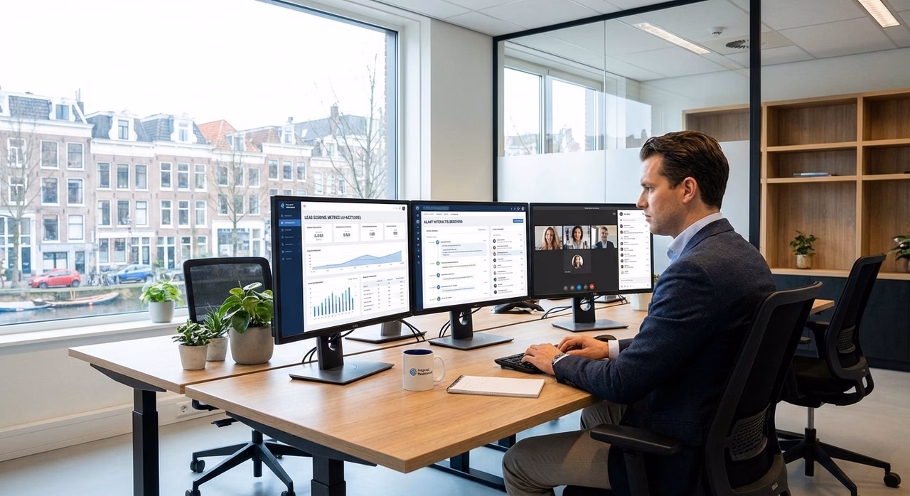 Sales professional using AI dashboard for lead scoring and automated sales workflows