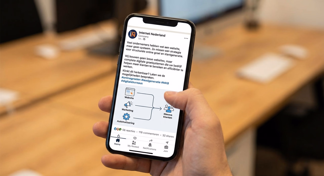 LinkedIn-post op smartphone toont professionele bedrijfscontent met betrokkenheid