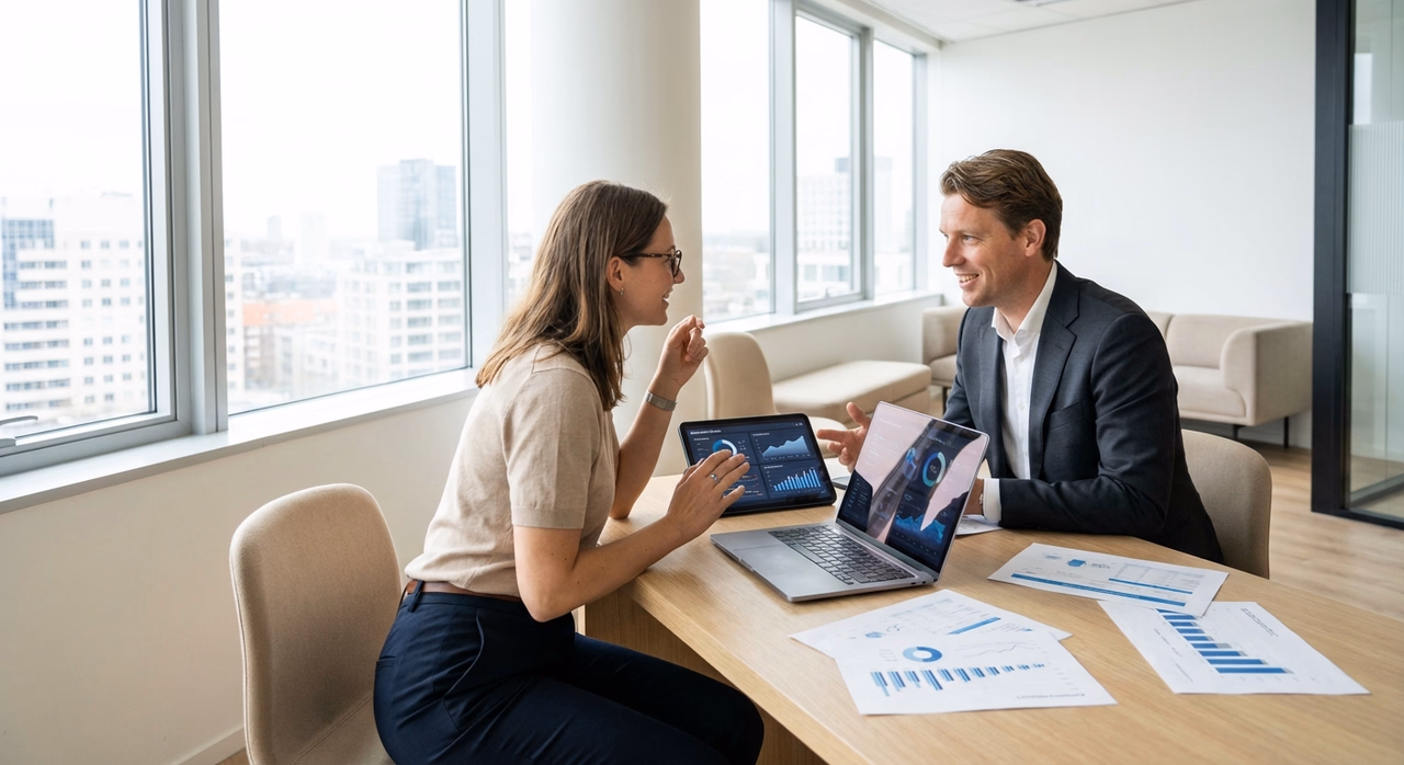 Ondernemer en AI-consultant bespreken project met data en documentatie op tafel