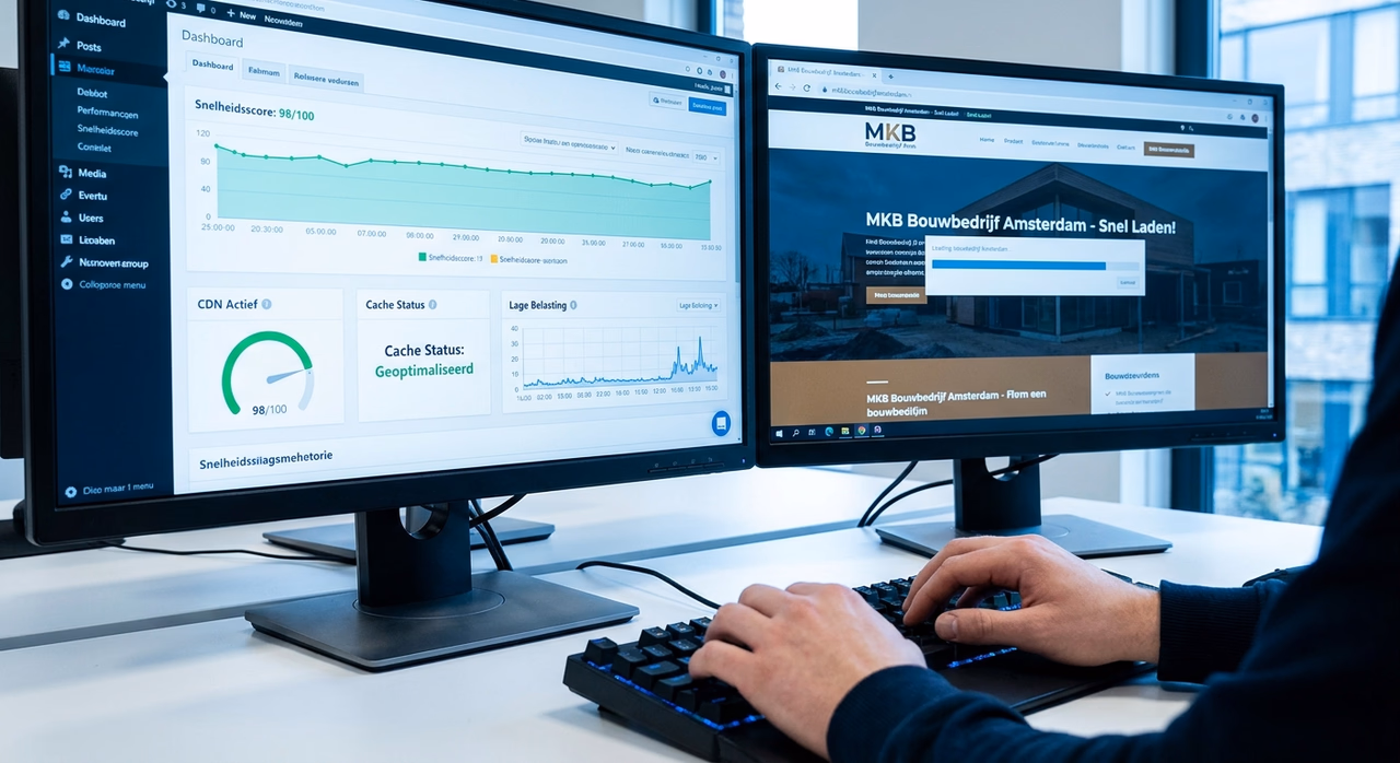Detail van computerschermen met website snelheidsgrafieken en webhosting optimalisatie dashboard. Detail van computerschermen met website snelheidsgrafieken en webhosting optimalisatie dashboard.