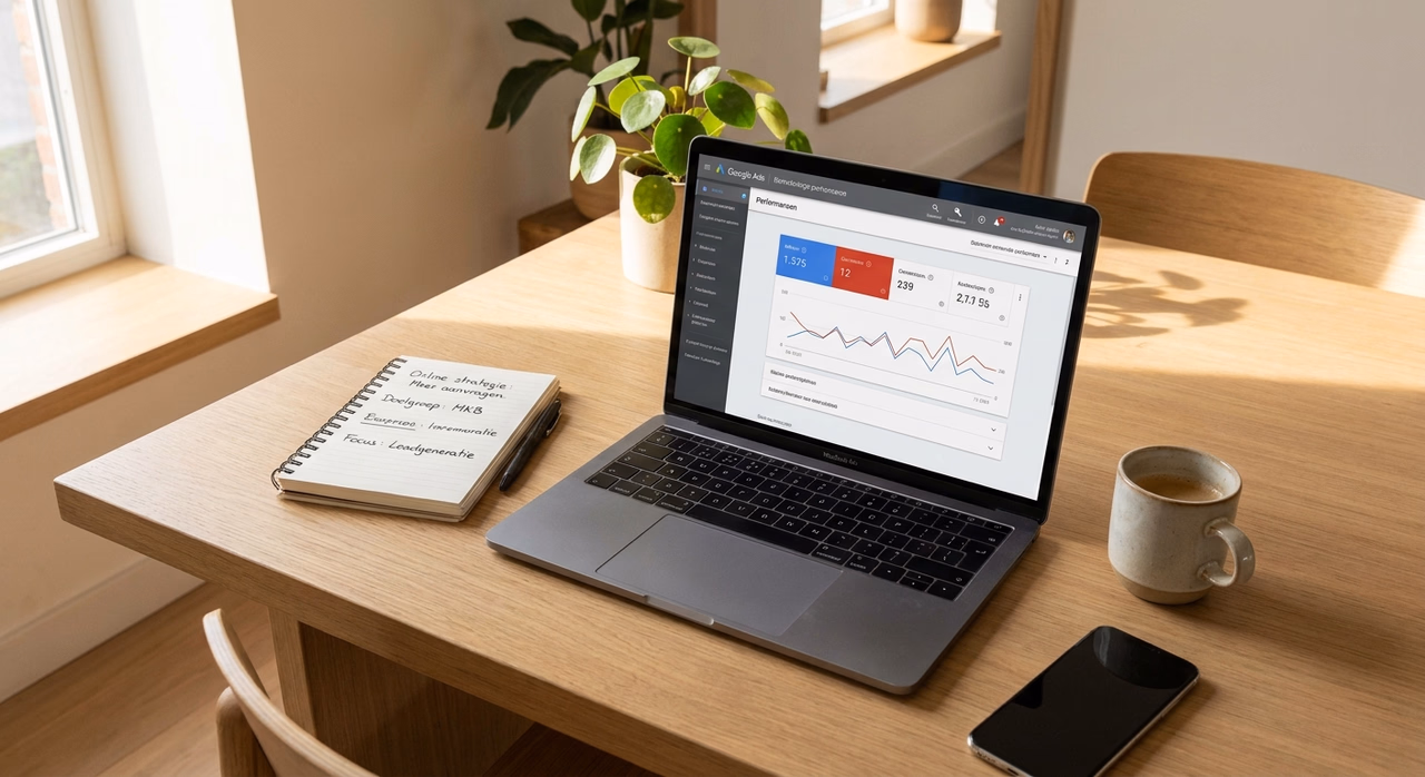 Google Ads dashboard op laptop met conversiegegevens en campagneprestaties Google Ads dashboard op laptop met conversiegegevens en campagneprestaties