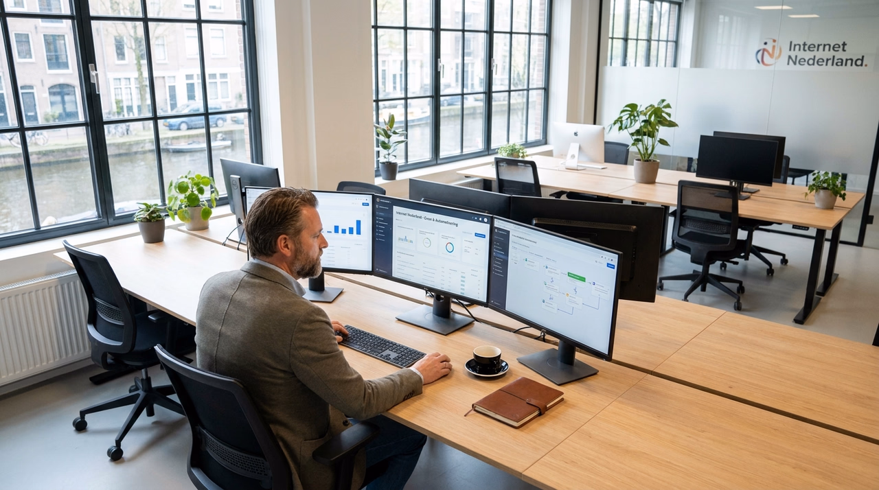 Dutch entrepreneur using AI workflow automation software on multiple monitors to manage business processes efficiently