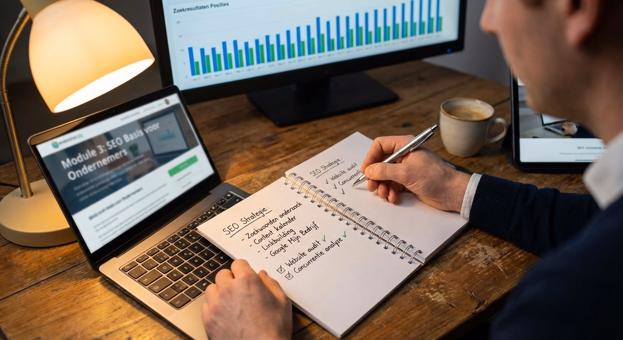 Close-up van notities maken tijdens SEO training op computer